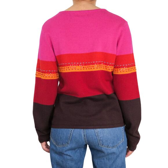 1990s Vintage Inc Pink Striped Colorblock Beaded V-Neck Sweater Large - Picture 3 of 7